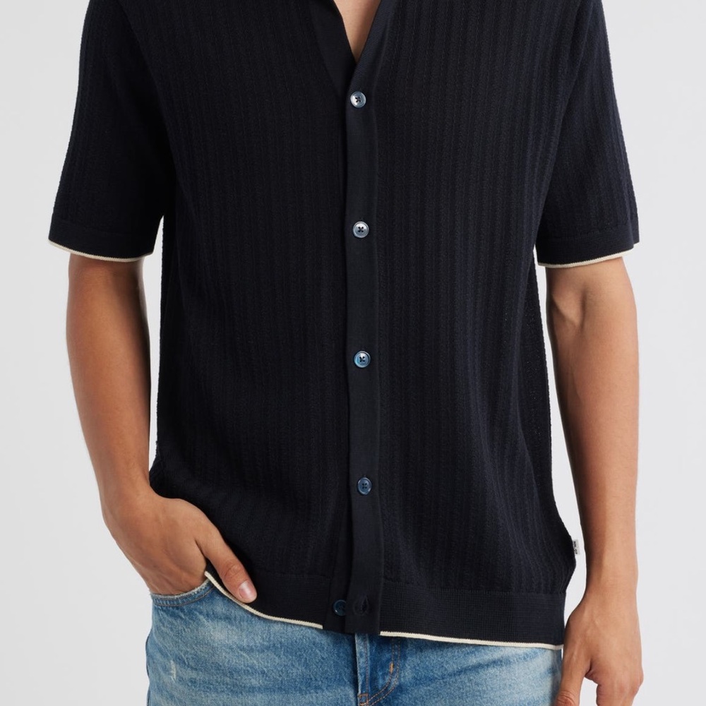 NN07 Short Sleeve Knit Cotton Button-Up Shirt (navy) - NWT